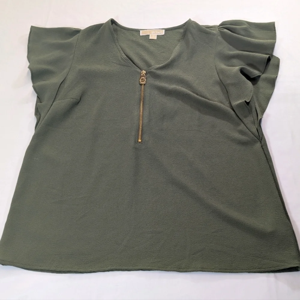 Michael Michael Kors Olive Green Ruffle/Flutter Sleeve Gold Zip Top Size Medium